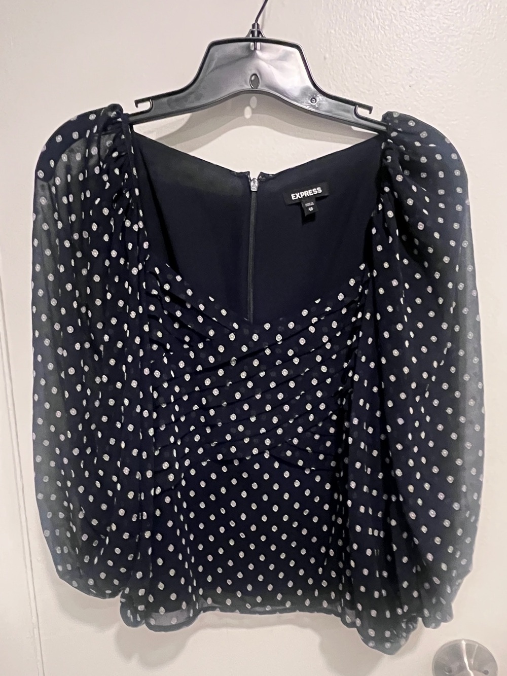 Express Navy and White Polka Dot Puff Sleeve Blouse XS
